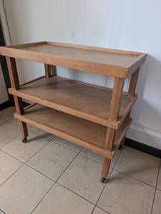 lot 1005 image: Wooden Rolling Kitchen Cart with Three Shelves - 17x33.5x32.5 in