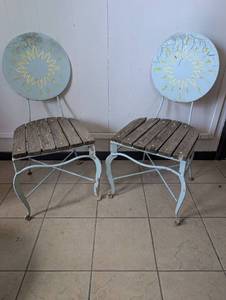 lot 1007 image: Vintage Painted Metal Garden Chairs with Sun Design Backs - 2 ct