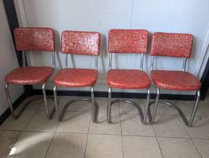 lot 1008 image: Mid-Century Modern Chrome Dinette Chairs with Red Floral Vinyl Upholstery - 4 ct