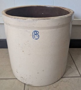 lot 2000 image: 6 Gallon Stoneware Crock with Blue Anchor Design