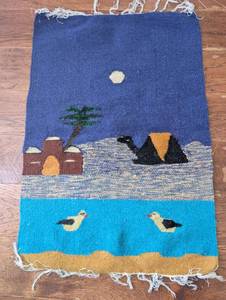 lot 2503 image: Handwoven Wool Wall Tapestry with Birds and Desert Scene