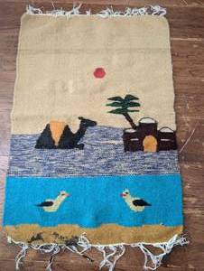 lot 2502 image: Handwoven Wool Wall Tapestry with Birds and Desert Scene