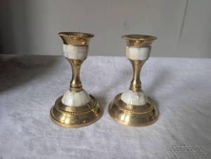 lot 3001 image: Brass and Mother of Pearl Candlestick Holders Made in India - 2 ct