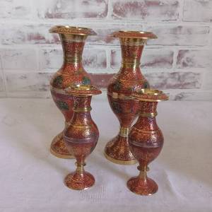 lot 3011 image: Brass Candlestick Holder Set with Decorative Enamel Work - 4 ct