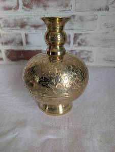 Brass Decorative Vase with Floral Engravings - 8 in