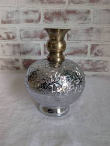 lot 3013 image: Engraved Silver Tone Decorative Vase with Brass Neck - 8 in