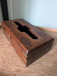 lot 3023 image: Wooden Tissue Box Cover with Brass Accents