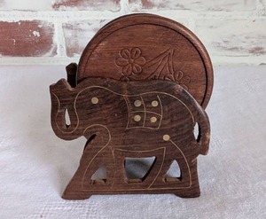 lot 3024 image: Elephant Shaped Wood Coaster Set with Holder