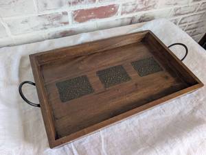lot 3028 image: Wooden Serving Tray with Metal Decorative Inlays and Iron Handles