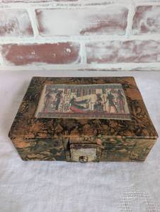 lot 3030 image: Egyptian Themed Decorative Jewelry Box with Red Velvet Interior