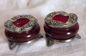 lot 3033 image: Ornate Red Glass and Metal Decorative Ashtrays Set - 2 ct
