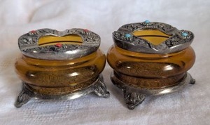 lot 3034 image: Amber Glass Ashtrays with Ornate Metal Trim Set - 2 ct