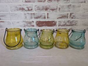 lot 4013 image: Colored Glass Lantern Set with Wire Handles - 5 ct