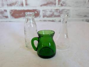 lot 4014 image: Collectible Mini Glass Items Set Including Green Mug and Clear Bottles