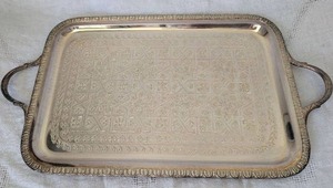lot 5022 image: Silver Plated Serving Tray with Ornate Pattern and Handles