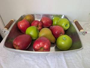 lot 5029 image: Lenox Stainless Steel Serving Tray with Wood Handles  Faux Fruit