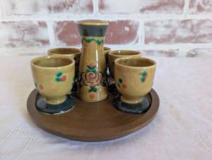 lot 5061 image: Hand Painted Ceramic Egg Cup Set with Carafe and Wooden Tray