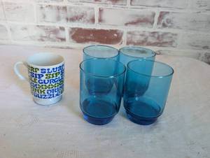 lot 5065 image: Text Print Coffee Mug and Blue Glass Tumbler Set - 4 ct