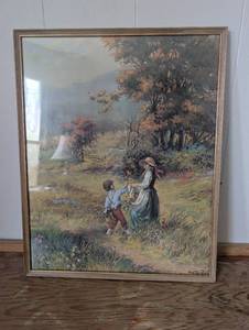 lot 5500 image: Framed Oil Painting of Children in Countryside by Vicente Rosa -16x20 in