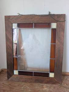 lot 5501 image: Handcrafted Stained Glass Window Panel with Oak Frame -21x25 in