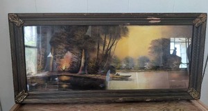 lot 5503 image: Framed Landscape Painting River Scene with Boat -21x25 in