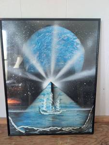 lot 5512 image: Framed Space Fantasy Sailing Ship Painting with Pyramid and Moon-15.5x20 in