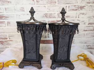 lot 6008 image: Pair of Victorian Style Metal Table Lamps with Beaded Fringe