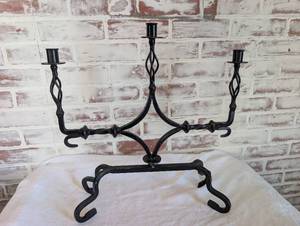 lot 6009 image: Large Black Wrought Iron Three Light Candelabra - 19.5 in tall