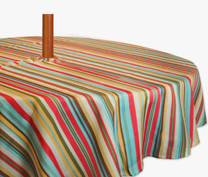 lot 6038 image: Multicolored Striped Outdoor Patio Tablecloth with Umbrella Hole