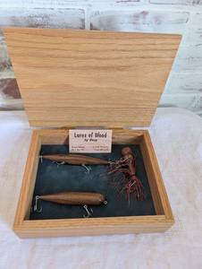 lot 6513 image: Handcrafted Wood Fishing Lures Set with Display Box