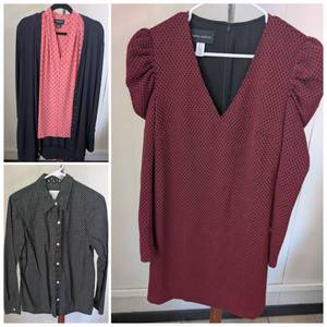 lot 7011 image: Donna Morgan Red Polka Dot V-Neck Dress  Liz Clairborn Polka Dot Button Up  Cardigan Set