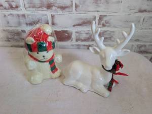 lot 9510 image: Christmas Ceramic Figurine Set - Snowman Candle and Ceramic Reindeer