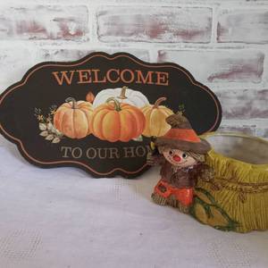 lot 9715 image: Fall Scarecrow Ceramic Planter with Pumpkin Welcome Sign