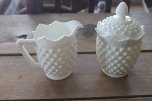 lot 4486 image: Vtg. Fenton Hobnail Milk Glass Creamer & Sugar Bowl