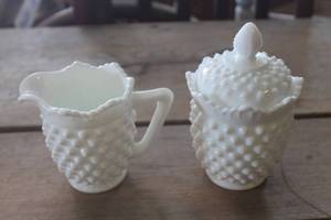lot 4495 image: Vtg. Fenton Hobnail Milk Glass Creamer & Sugar Bowl