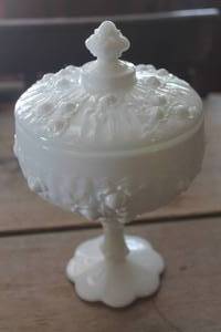lot 4500 image: Vtg. Fenton Milk Glass Cabbage Rose Candy Dish