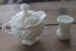 lot 4502 image: Vtg. Hobnail Toothpick Holder & Creamer