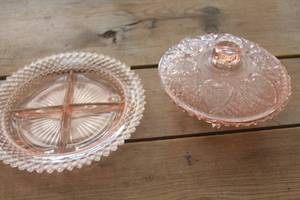 lot 4521 image: Vintage Pink Glass Candy Dish and Relish Plate