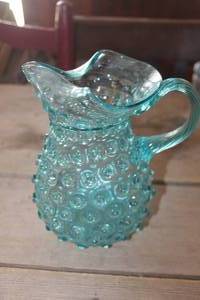 lot 4574 image: Vtg. Fenton Blue Hobnail Pitcher 8 tall