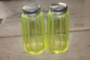 Vtg. Uranium Glass Paneled S&P Shaker Set