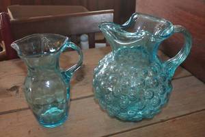 lot 4654 image: Vtg. Blue Glass Coin Dot Pitcher and More