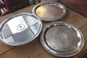 lot 4676 image: Vtg. Silver Serving Trays & Lazy Susan