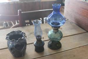 lot 4717 image: Antique Blue Glass Oil Lamps & More
