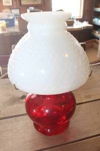 lot 4719 image: Antique Ruby Red Oil Lamp wHobnail Shade