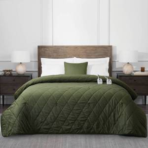 lot 9059 image: Brookstone FullQueen Heated Diamond Stitch Quilt Blanket Olive Green - Retail $80