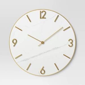 lot 9061 image: 26 Faux Marble Finished in Polished Brass Wall Clock White - Threshold Elegant Timepiece for Indoor Use - Retail $60
