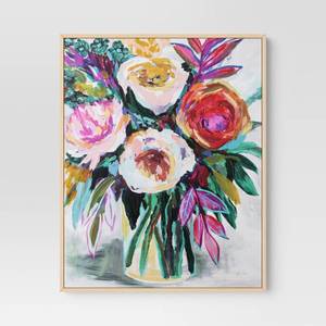 lot 9080 image: 24 x 30 Colorful Floral Framed Canvas Natural - Threshold - Retail $60