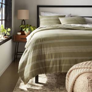 lot 9092 image: King Cotton Woven Stripe Duvet Cover & Sham Set Moss GreenWhite - Threshold Lightweight Fabric - Retail $79