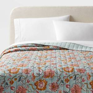 lot 9138 image: FullQueen Earthy Vines Quilt Light Teal BlueMustard YellowLight Pink Floral - Threshold Cotton Voile, Machine Washable, OEKO-TEX Certified - Retail $69
