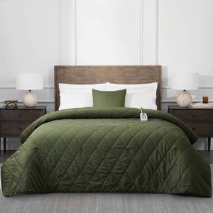 lot 9141 image: Brookstone Twin Heated Diamond Stitch Quilt Blanket Olive Green - Retail $50